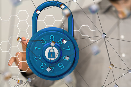 Businessman on blurred background using 3D rendering padlock security interface