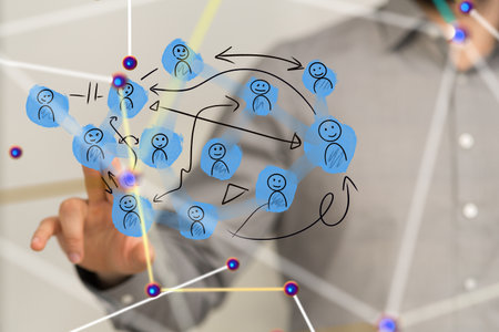 Man touching a social network concept on a touch screen with his fingerの写真素材