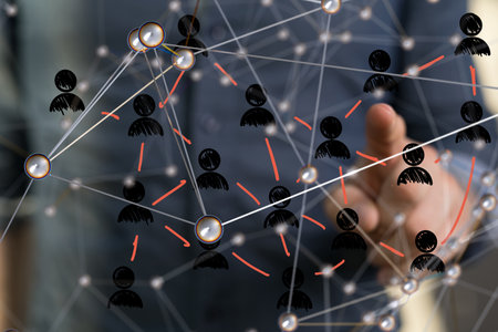 Businessman on blurred background using flying network connection 3D rendering.