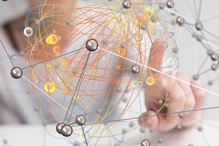 Close up of human hand touching network on screen. 3D rendering
