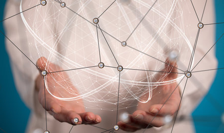 Networking concept above the hands of a woman in background 3D rendering
