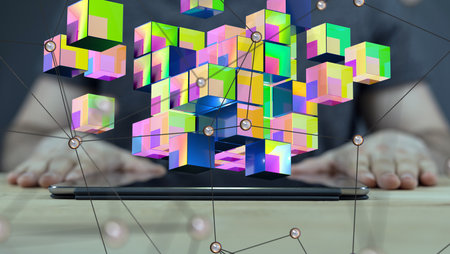 Colorful 3D Cubes Network on Tablet: Digital Innovationの写真素材