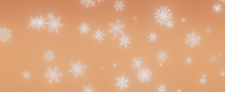 A soft orange background with white snowflakes scattered across it, evoking a wintery and festive mood. The snowflakes create a delicate and elegant pattern, perfect for a holiday or winter-themed design.の写真素材