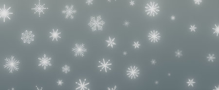 A minimalist background with white snowflakes falling on a soft gray background, creating a wintery...