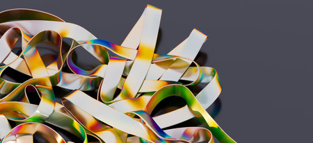 Abstract iridescent metal ribbons on dark backgroundの写真素材