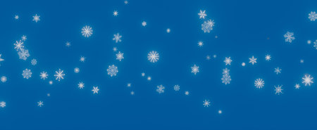 A digital illustration of white snowflakes falling on a blue backgroundの写真素材