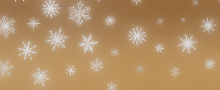 Abstract background with white snowflakes falling on a golden background.