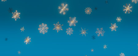 Close-up of falling snowflakes against a blue sky, creating a beautiful winter scene.