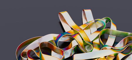 Abstract iridescent ribbons tangled on black background