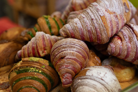 Close-up of various colorful croissants with pistachio and red velvet. Freshly baked and sweet.の写真素材