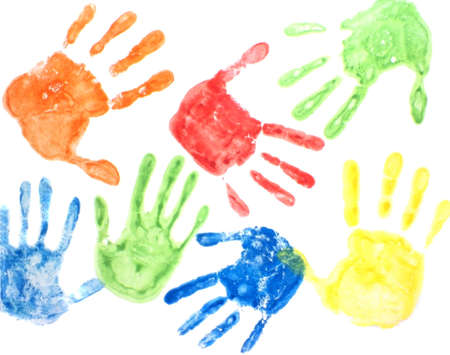 colorful handprints on a white backgroundの写真素材