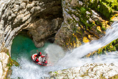 Rafting on a mountain river in the Dolomites, Italyの写真素材