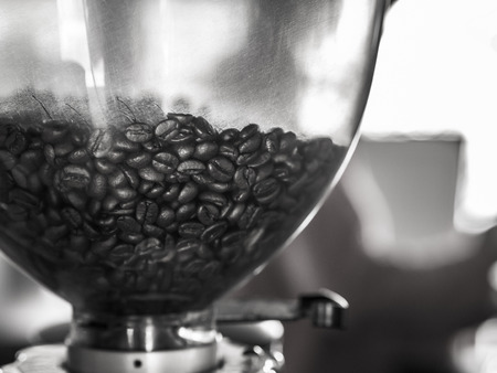 black and white picture of coffee beans in Coffee grinder, In a cafe.の写真素材