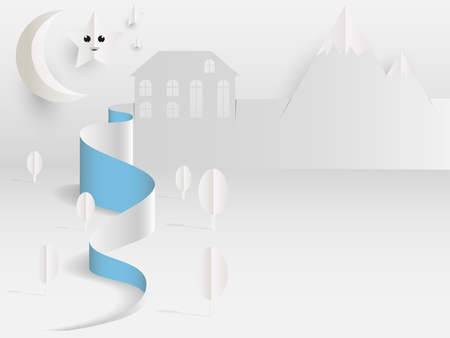 Sheet paper art of city, Night with moon, sky  with cloud Stars and mountains, Vector illustration design.のイラスト素材