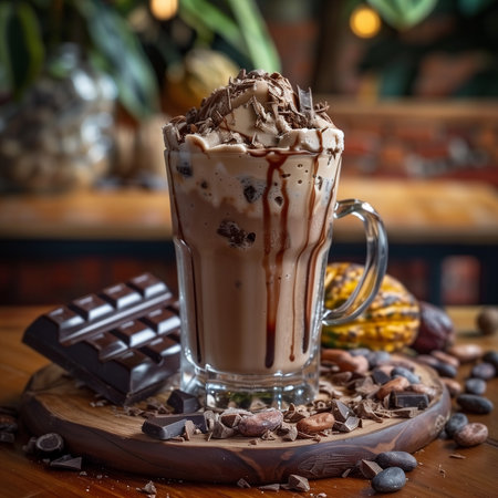 Iced chocolate with whipped cream and cocoa beans on wooden background.の写真素材