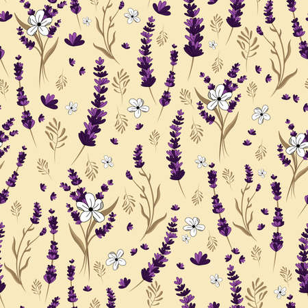 A seamless repeat pattern, designed with hand drawn purple lavenders, white flowers and some leaves. Vector illustration perfect for wallpaper, fabric, backgrounds, packaging projects and more.のイラスト素材