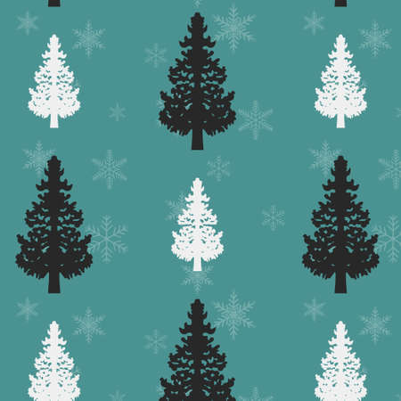 Magical Winter Pine Forest Pattern with Snowflakes. Blue Seamless Repeat Pattern Design great for...