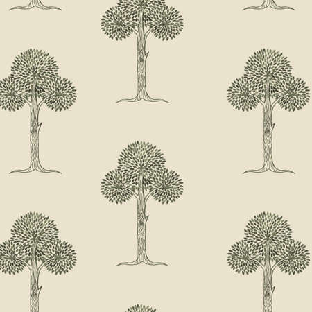Watercolor Repeat Pattern with Hand Painted Tree Elements, in Ancient or Medieval Style. Green Painted Trees on Beige Natural Background. Seamless design good for fabric, wallpaper and more.のイラスト素材