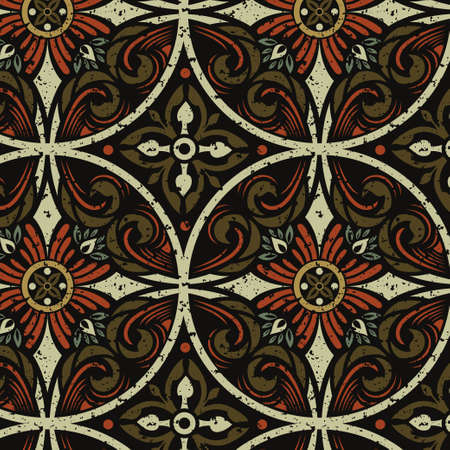 Tribal Ancient style seamless repeat pattern with medieval symbols on black background, in natural colors. Vector Surface Design Good for Fabric, Wallpaper, Packaging Projects and more.のイラスト素材