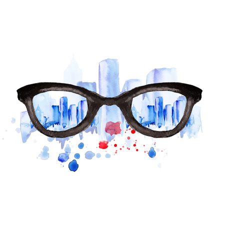 Watercolor vintage glasses New York with drops and splash, hand-drawn illustrationの写真素材