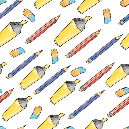 Hand drawn seamless pattern with marker, pen and rubber. illustration isolated on white. For students, school. Watercolor styleのイラスト素材