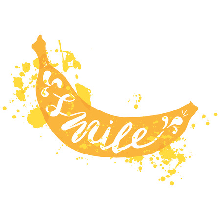 Hand drawn illustration of isolated yellow banana silhouette. Typography poster with lettering inside with ink splashes. The inscription Smileのイラスト素材