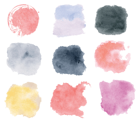 Set with pink, yellow, purple and black watercolor splashes, spots, dots isolated  . Vector hand drown illustrationのイラスト素材