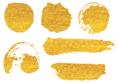Set with Golden splashes, spots, dots and stripes isolated. Golden texture for design. Vector ullustrationのイラスト素材