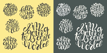 Hand drawn typography posters with brush lettering design. Quotes about summer, traveling and motivation for posters or greeting cards. On the black and yellow background.のイラスト素材