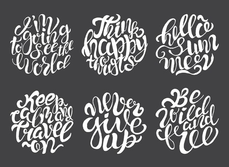 Hand drawn typography posters with brush lettering design. Quotes about summer, traveling and motivation for posters or greeting cards. Black and white.のイラスト素材