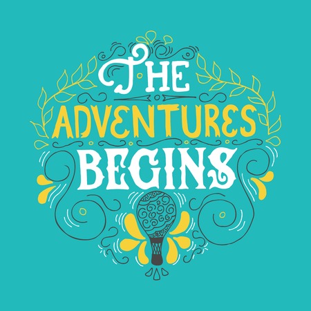 Summer Hand drawn lettering, typography inscriptionAdventures begins. Inspiring label, greeting card, template, poster, bannerのイラスト素材