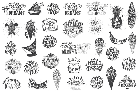 Summer travelling Hand drawn lettering, typography inscriptions and quotes. Big set for Inspiring label, greeting card, template, poster, bannerのイラスト素材
