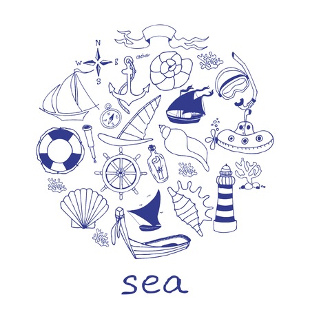 Hand drawn sea doodle Icons collection on white background. Vector illustration for your designのイラスト素材