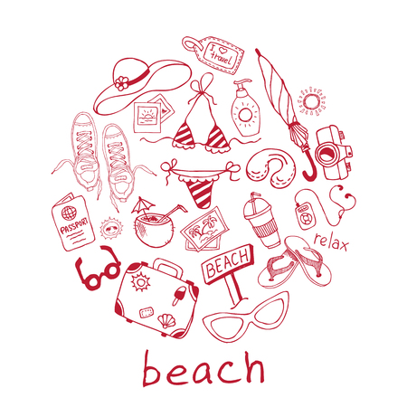 Hand drawn travel, vacation, beach doodle Icons collection on white background. Vector illustration for your designのイラスト素材