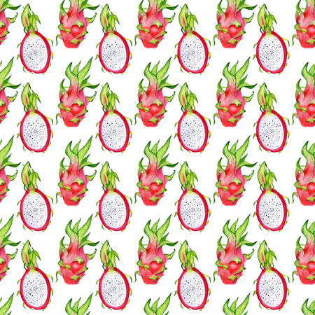 Seamless pattern with tropical exotic fruits. dragon fruit slice on white background. Summer print for fabric, wallpaper, textile. Watercolor hand drawn illustration.の写真素材