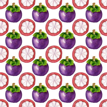 Seamless pattern with tropical exotic fruits. mangosteen slice on white background. Summer print for fabric, wallpaper, textile. Watercolor hand drawn illustration.の写真素材