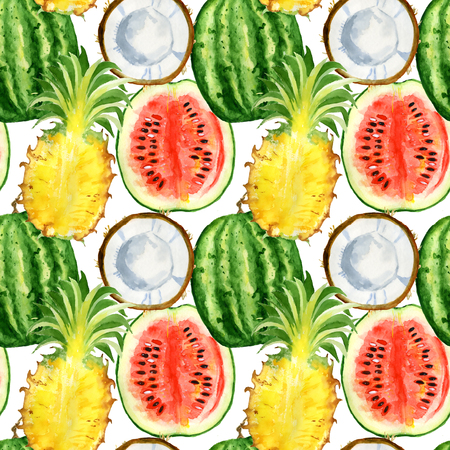 Seamless pattern with tropical exotic fruits. Pineapple, watermelon and coconut slice on white background. Summer print for fabric, wallpaper, textile. Watercolor hand drawn illustration.の写真素材