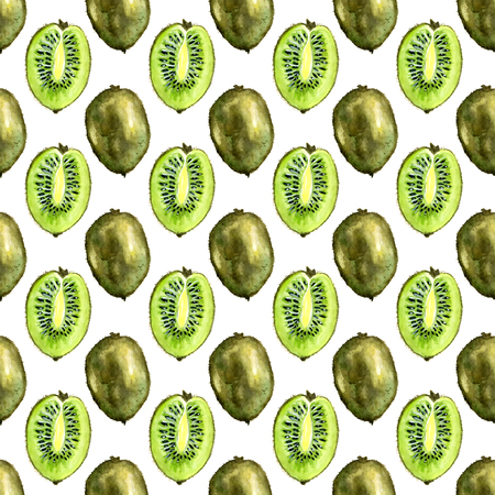 Seamless pattern with tropical exotic fruits. kiwi slice on white background. Summer print for fabric, wallpaper, textile. Watercolor hand drawn illustration.の写真素材