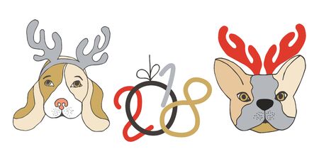 Merry Christmas card. Happy New Year, 2018 with dogs in anler or hornsのイラスト素材