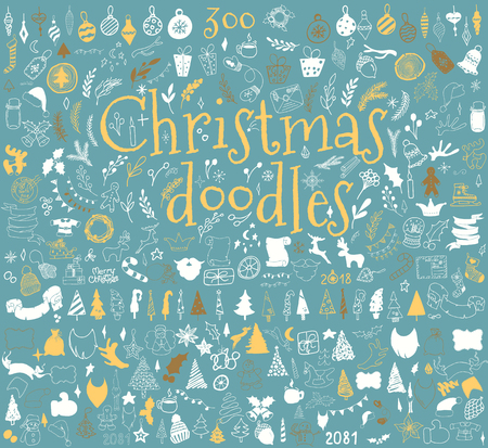 Big set of Christmas design elements in doodle style. Sketchy vector hand drawn cartoon objects and symbols on the New Year themeのイラスト素材