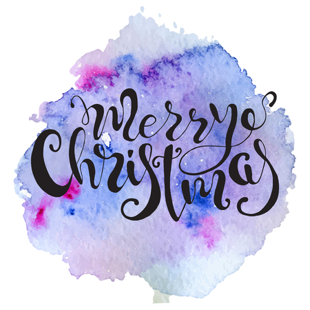 Christmas lettering hand drawn quote Merry Christmas on colorful watercolor splash background. Print for card and prints. Vector brush calligraphy.のイラスト素材