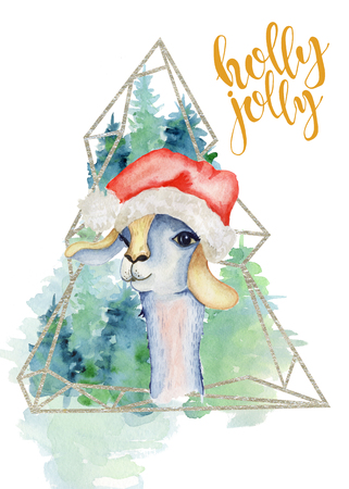 Baby lama in Santa hat watercolor hand drawn merry christmas illustration with holly jolly quote and fir trees woodland background New Year card, posterの写真素材