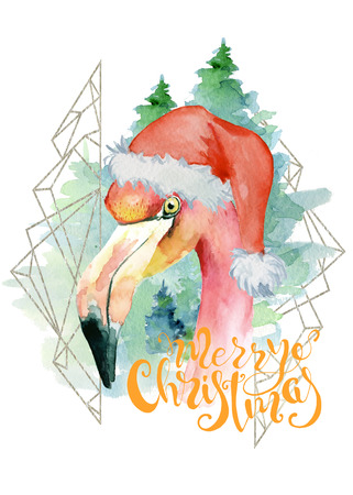 Pink flamingo in Santa hat watercolor hand drawn merry christmas illustration with inscription Merry Christmas and fir trees woodland background New Year card, posterの写真素材