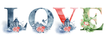 Love lettering sign watercolor word design with floral bouquets and crown. Hand drawn typography inscription. Romantic label, greeting card, template, poster, bannerの写真素材