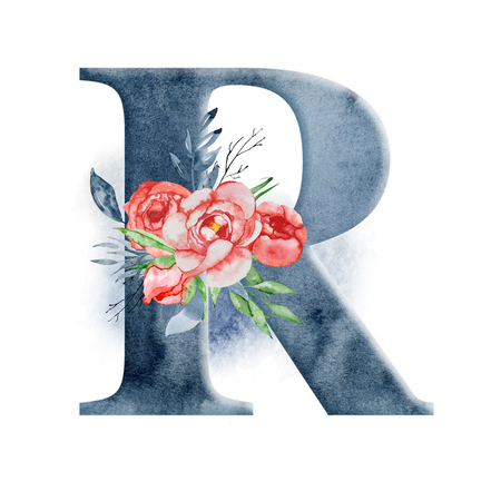 Floral watercolor alphabet. Monogram initial letter R design with hand drawn peony flower for wedding invitation, cards.