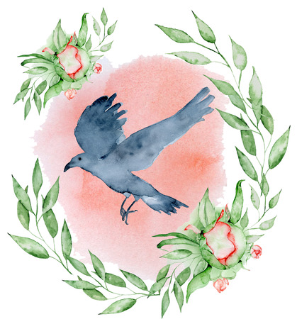 Watercolor black raven with floral peony wreath Hand drawn crow with flowers illustrationの写真素材