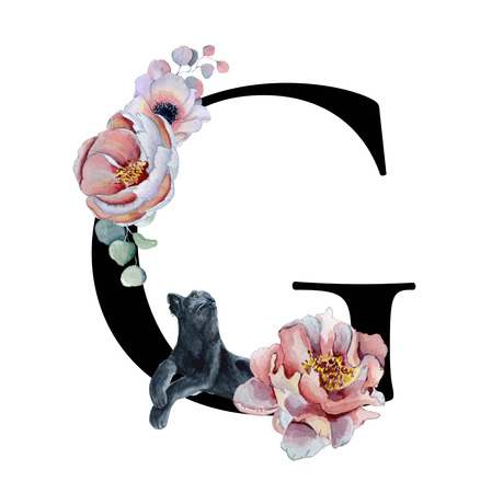 Floral watercolor alphabet. Monogram initial letter G design with hand drawn peony and anemone flower and black panther for wedding invitation, cards, logos Floral watercolor alphabet. Monogram initial letter G design with hand drawn peony and anemone flower and black panther for wedding invitation, cards, logos