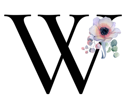 Floral watercolor alphabet. Monogram initial letter W design with hand drawn peony and anemone flower  and black panther for wedding invitation, cards, logosの写真素材