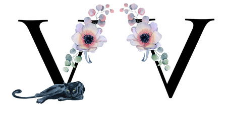 Floral watercolor alphabet. Monogram initial letter V design with hand drawn peony and anemone flower  and black panther for wedding invitation, cards, logosの写真素材