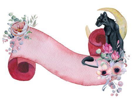 Watercolor ribbon with black panther, floral bouquets and moon Hand drawn banner illustrationの写真素材